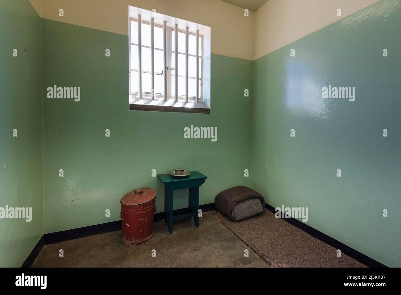 Cell of Nelson Mandela at the Robben Island Prison in South Africa; Robben Island, Cape Town, Western Cape, South Africa Stock Photo