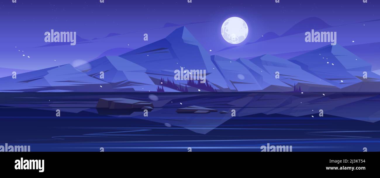 Nordic landscape with lake or river, mountains on horizon and full moon ...