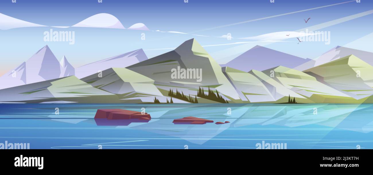Nordic landscape with lake and mountain range. Vector cartoon ...