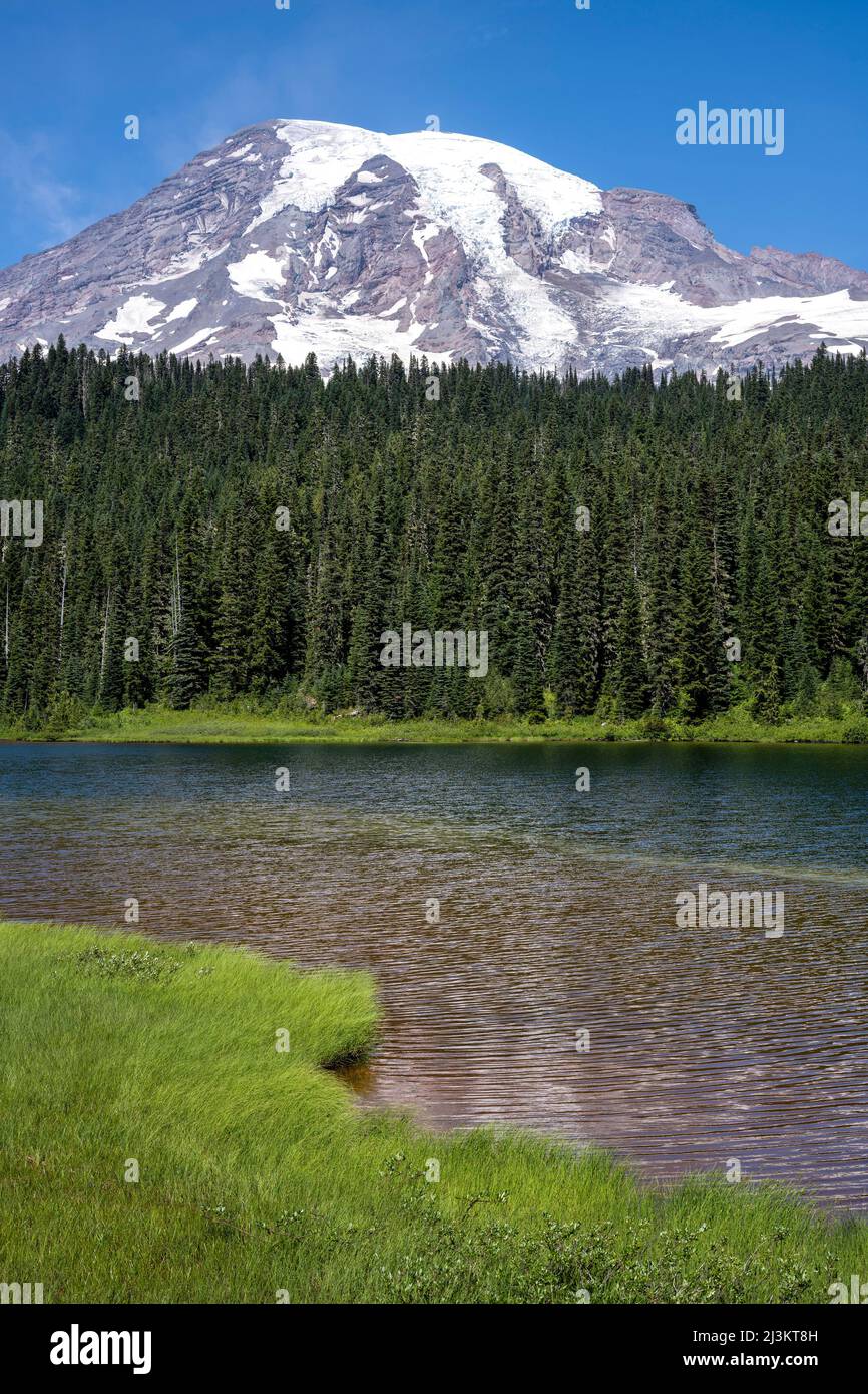 Reflection Lake is rippled by breezes at Mount Rainier National Park; Longmire, Washington, United States of America Stock Photo