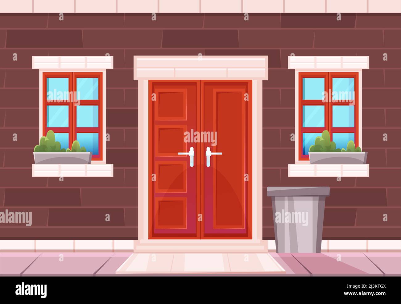 House facade with brick wall, red door, windows and trash bin. Vector  cartoon illustration of home entrance with closed door and flowers in pots.  Exte Stock Vector Image & Art - Alamy