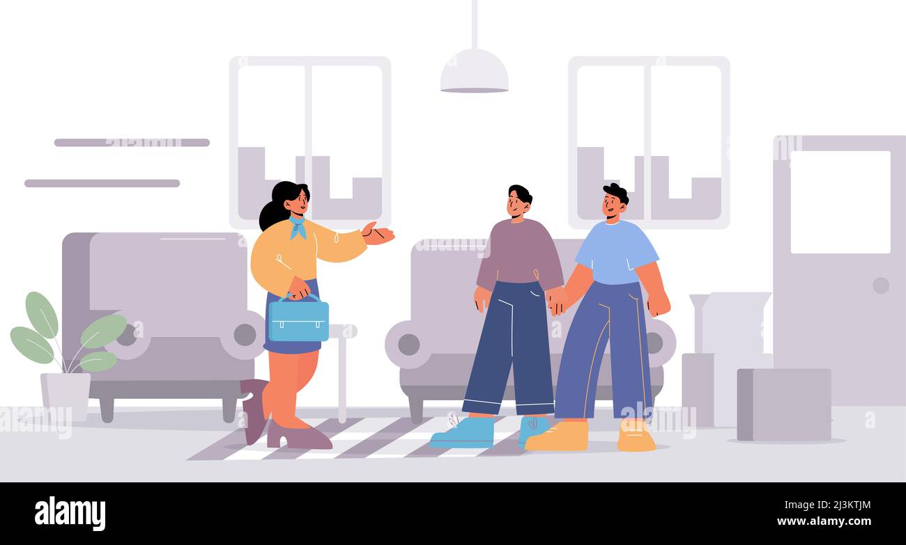 Men couple rent or buy house from real estate agent. Vector flat