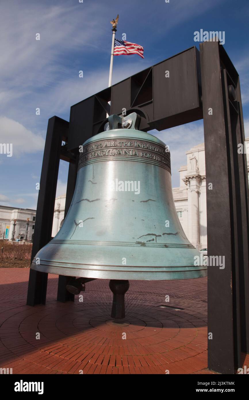 Freedom Bell, American Legion, a modern twice-size replica of the Liberty Bell, outside Union Station in Washington DC, USA Stock Photo