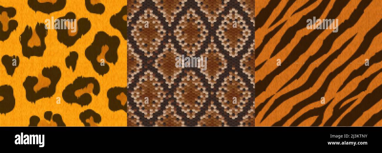 Textures of leopard, tiger and snake skin. Seamless patterns with ...