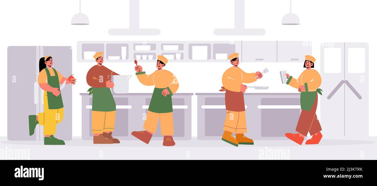 Restaurant chefs cooking on kitchen. Cafe staff characters team wear toques and uniform work