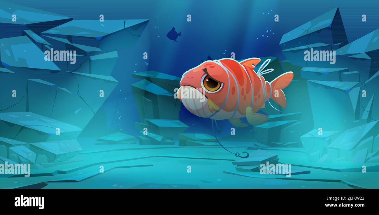 Ocean pollution problem concept. Underwater sea landscape with sad fish