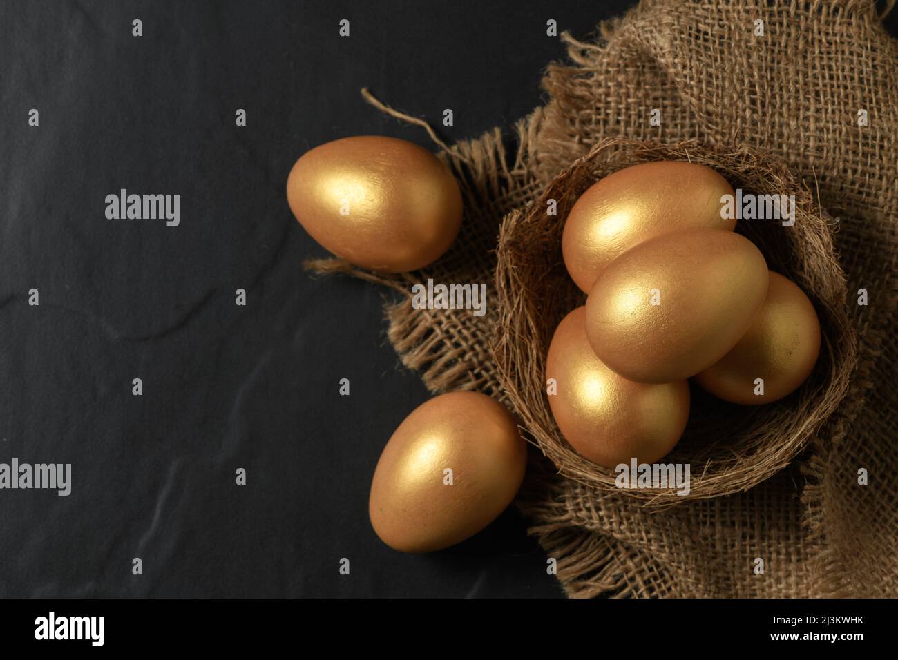 Golden easter eggs in nest bird on black background. Stock Photo