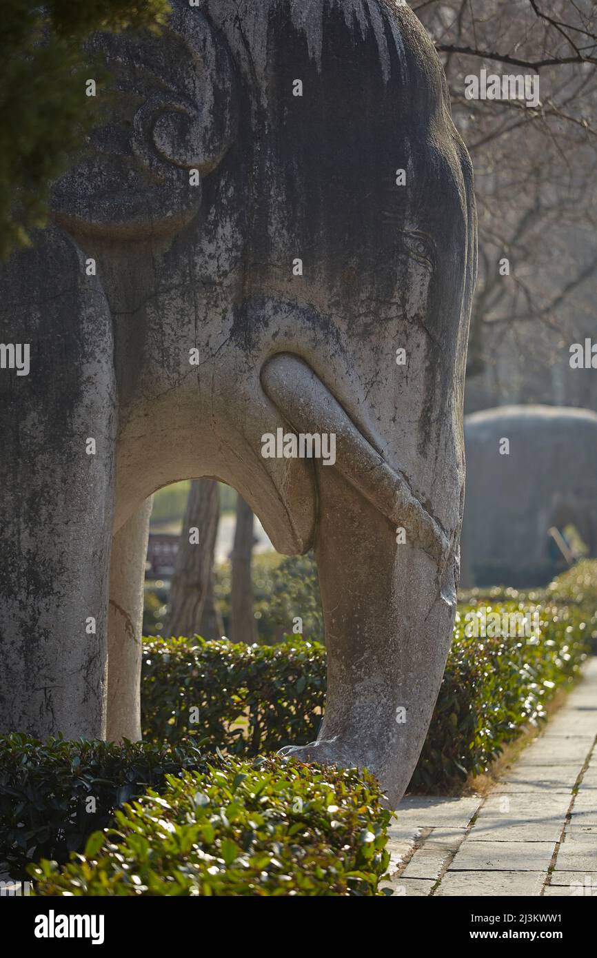 An elephant sculpture on an avenue of animal sculptures at Mingxiaoling, the tomb of Hongwu, the first Ming dynasty emperor, Nanjing, Jiangsu provi... Stock Photo