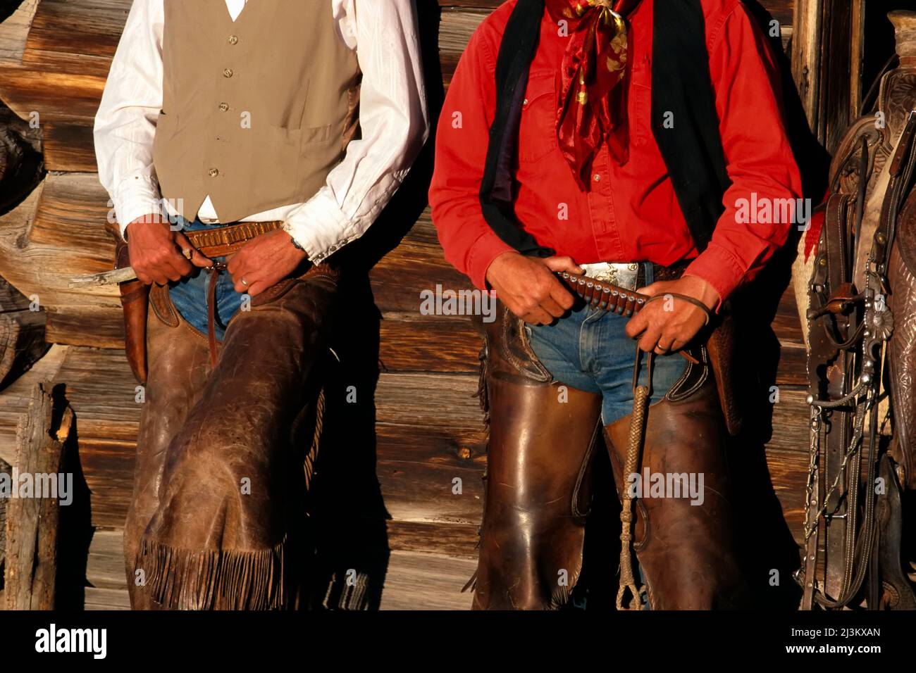 Cowboys in horse riding gear; Seneca, Oregon, United States of America Stock Photo