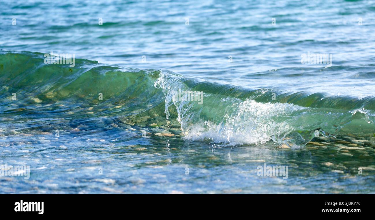 Close-up detail of a small wave splashing in the surf at the shore with clear water showing a rocky bottom, Davis Bay, Sunshine Coast Stock Photo