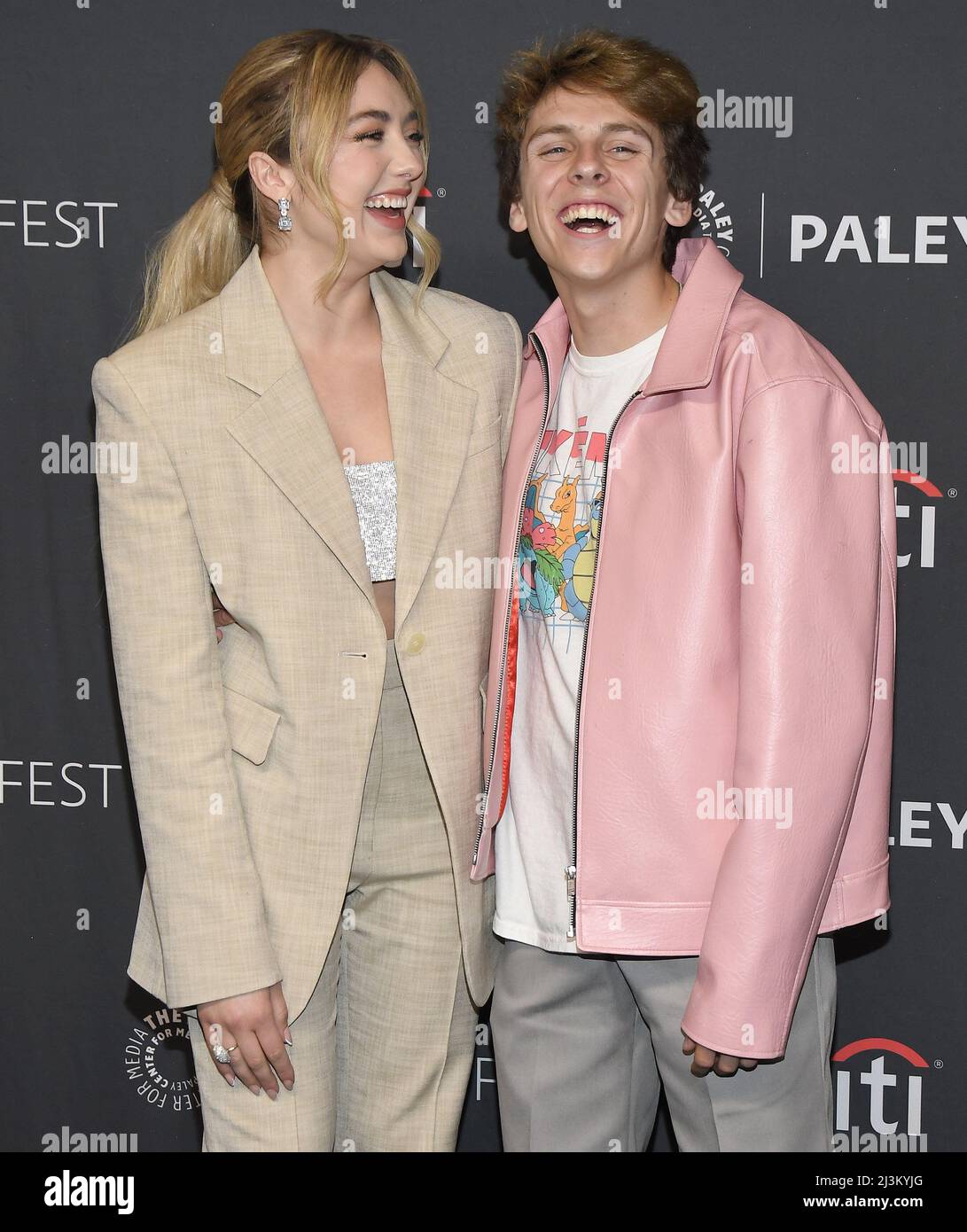 L-R) Peyton List and Jacob Bertrand at PaleyFest LA - COBRA KAI held at the  Dolby Theatre in Hollywood, CA on Fridayday, ?April 8, 2022. (Photo By  Sthanlee B. Mirador/Sipa USA Stock