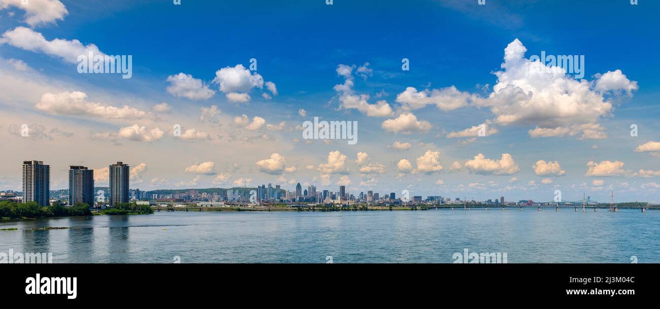 Montreal cityscape and St. Lawrence River viewed from Samuel De Champlain Bridge; Montreal, Quebec, Canada Stock Photo