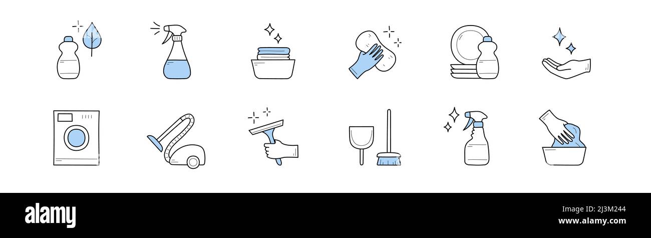 Set of cleaning and household doodle icons. Detergent bottle, vacuum ...