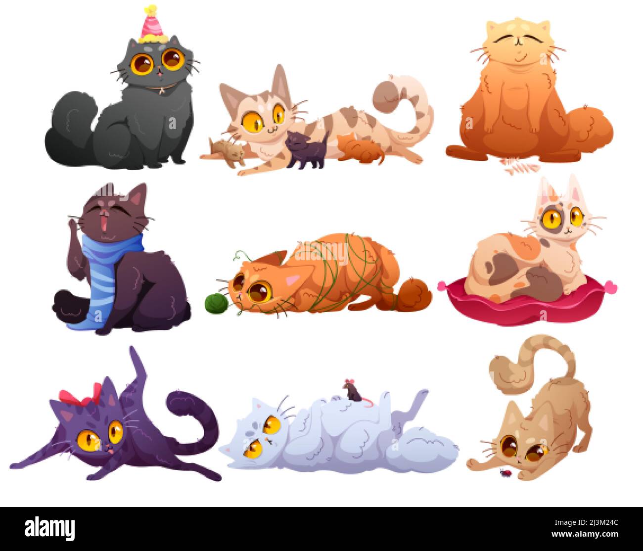 Cute cats, fluffy pets in different poses. Vector cartoon set of funny kittens characters licking itself, entangled in yarn, hunting beetle, lying on Stock Vector