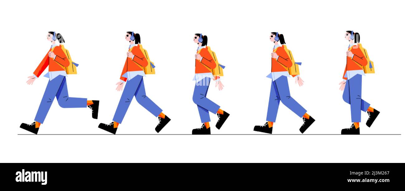 Woman walk cycle sequence for creating game animation. Pictures frame with teenager girl wear headphones walking with backpack, passerby, tourist move Stock Vector Image & Art - Alamy Woman walk cycle sequence for creating game animation. Pictures frame with teenager girl wear headphones walking with backpack, passerby, tourist move Stock Vector Image & Art - Alamy