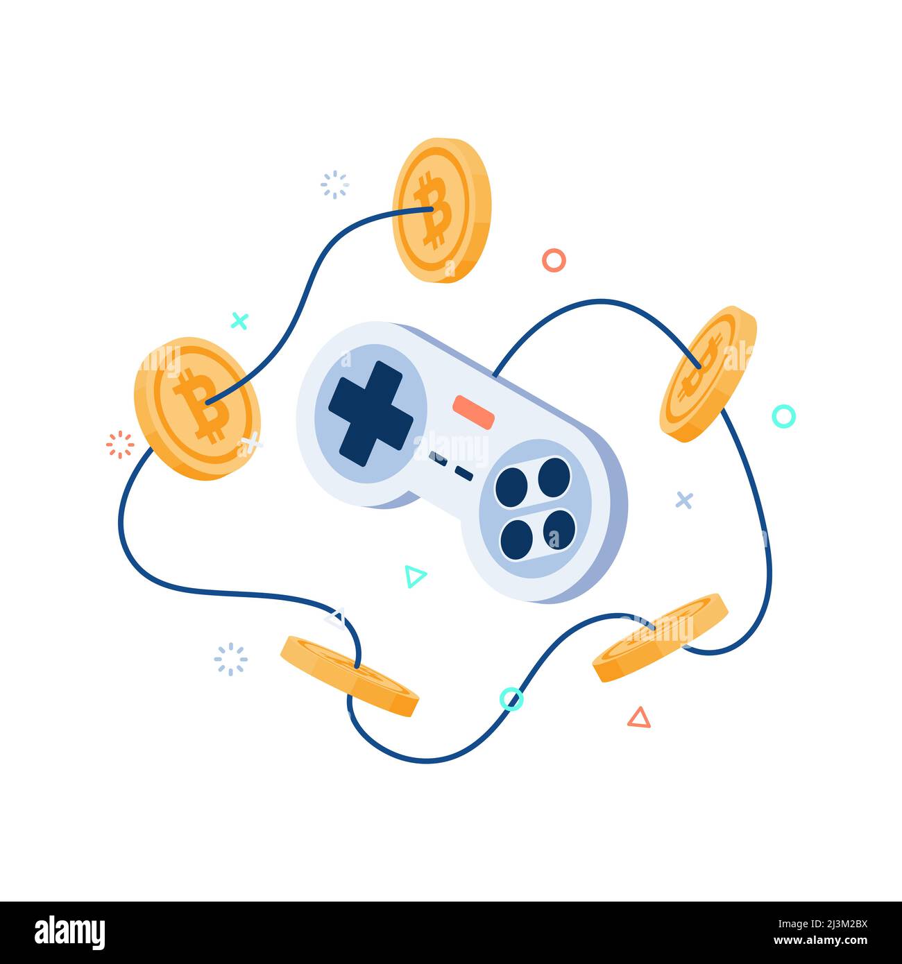 Flat 3d Isometric Classic Game Controller with Bitcoin. Play to Earn and Blockchain Technology Concept. Stock Vector