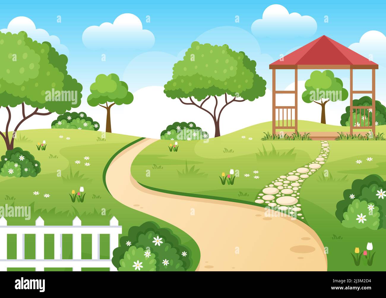 Beautiful Garden Cartoon Background Illustration With A Landscape Nature Of  Plant, Flowers, Tree and Green Grass in Flat Design Style Stock Vector  Image & Art - Alamy