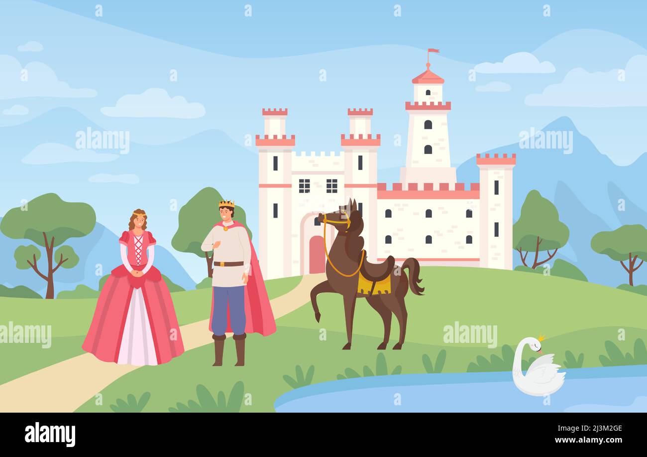Fairytale landscape with castle. Prince and princess standing on meadow with horse. Medieval magical kingdom Stock Vector