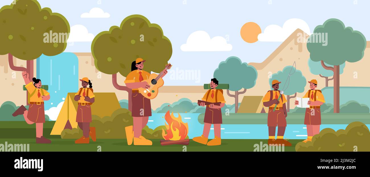 Scout boys and girls with counselor at summer camp with tents. Kids wear uniform camping adventure on nature. Children singing songs at fire, fishing, Stock Vector