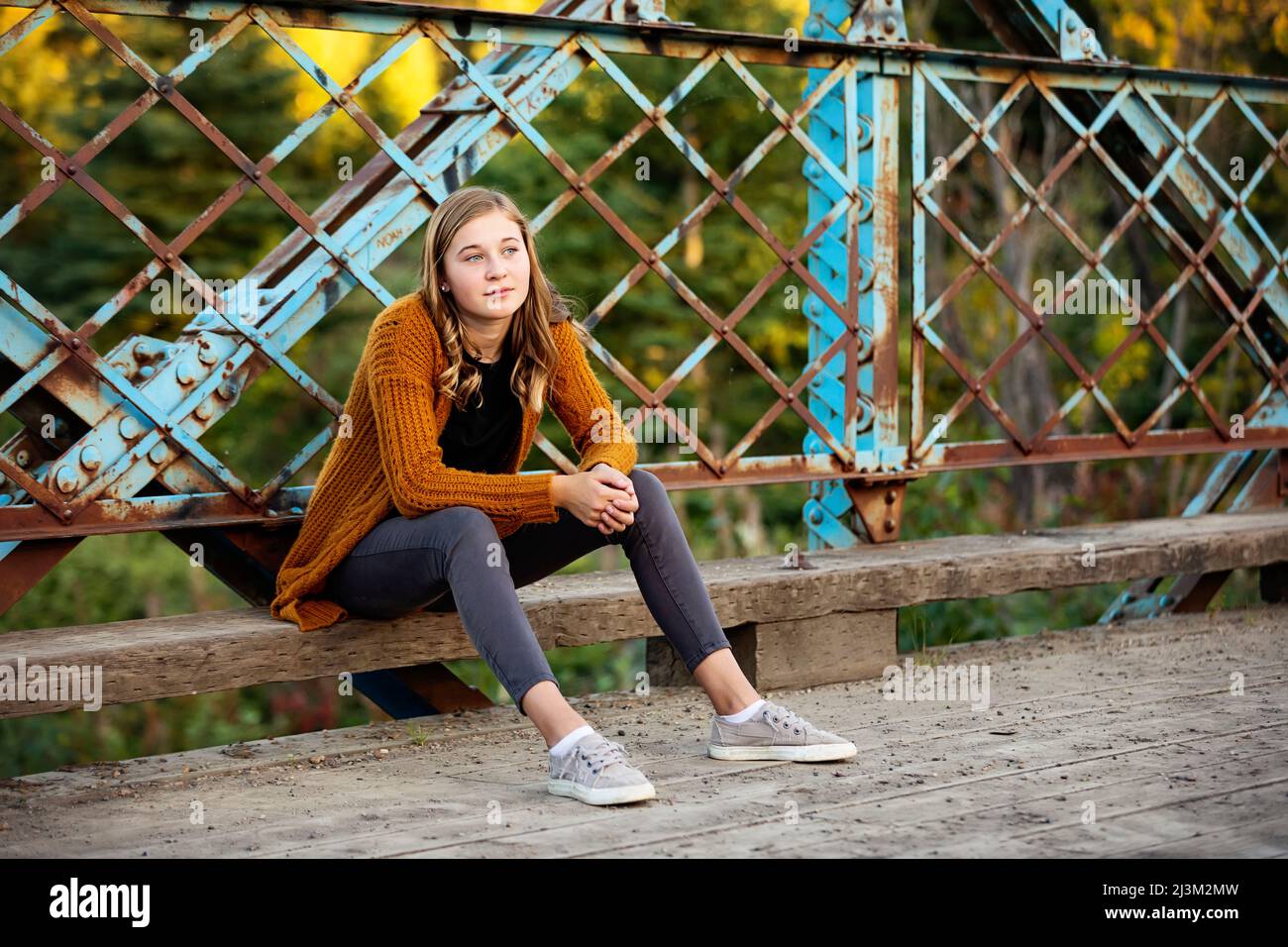 Teenage girl sits outdoors on a park bridge looking contemplative; Edmonton, Alberta, Canada Stock Photo