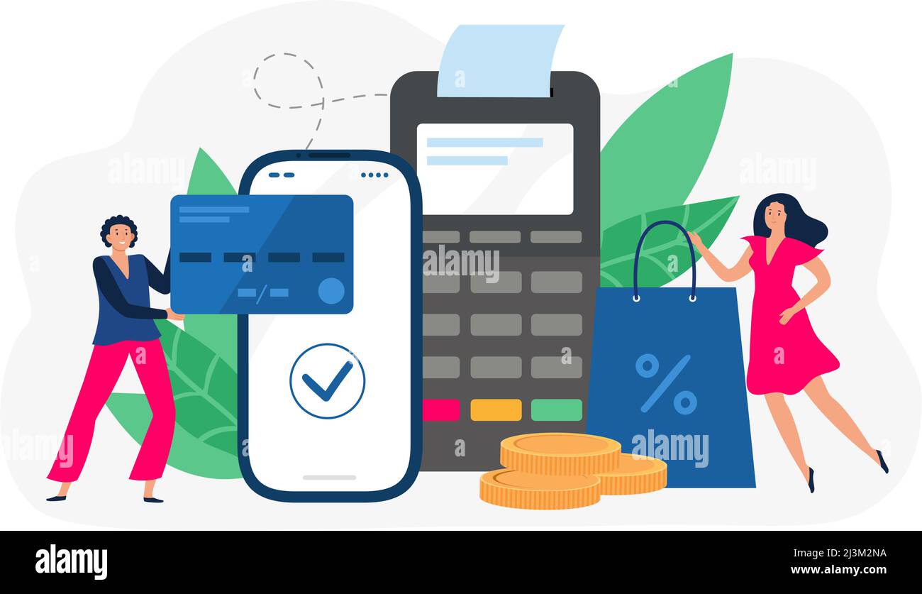 Online payment. Wireless shopping using smartphone, secure transactions in internet. Making purchases using mobile banking Stock Vector
