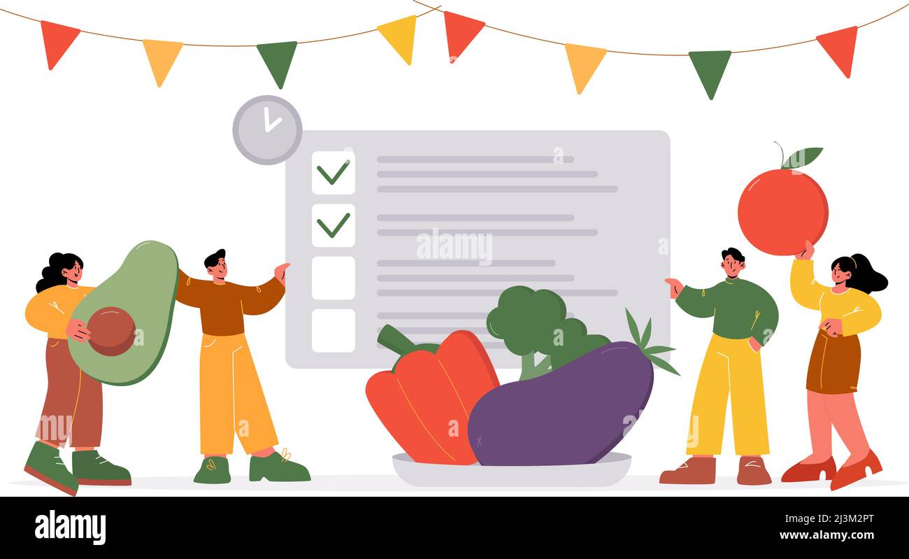 Tiny characters write list of healthy eating products for shopping at