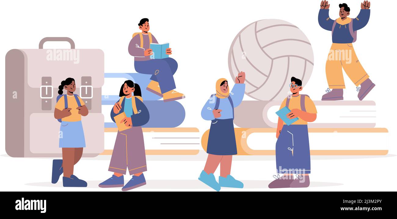Diverse students kids studying, back to school, education concept. Multiracial pupils at huge book piles, sport ball and backpack children read, learn Stock Vector