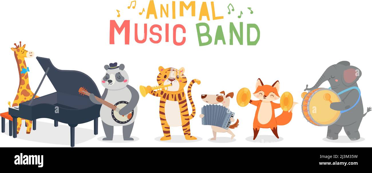Animal musicians characters playing different musical instruments. Jazz band performing melody. Giraffe playing piano Stock Vector