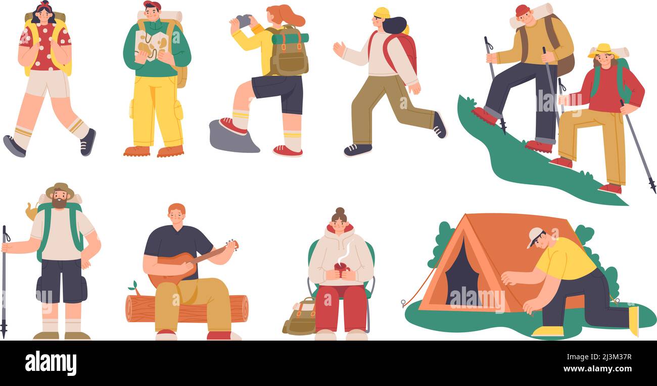 Camping people set. Characters with backpacks on travel and adventure