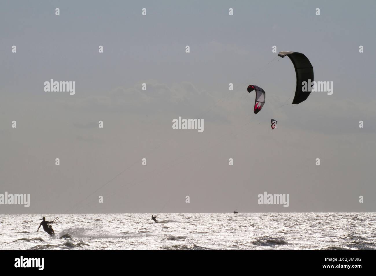 A father and son kite board together on the Pamlico Sound.; Nags Head, North Carolina. Stock Photo