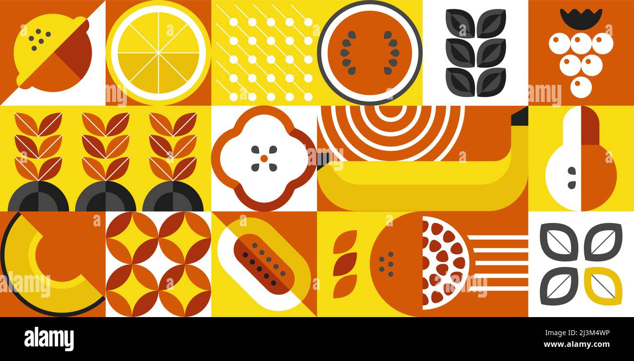 Geometric food. Abstract minimalistic organic food banner with brutalistic shapes and simple forms. Vector illustration Stock Vector