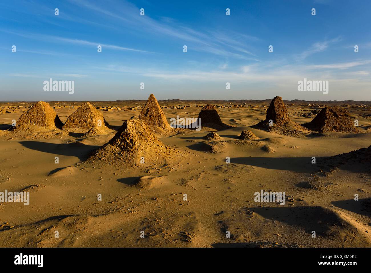 The pyramids of Nuri taken from the top of Taharqa's pyramid.; Meroe, Sudan, Africa. Stock Photo