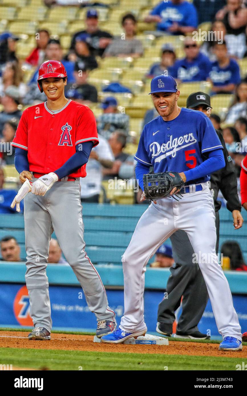 Los Angeles, United States. 05th Apr, 2022. Los Angeles Angels Shohei Ohtani  (17) and Los Angeles Dodgers Freddie Freeman share a laugh during a MLB  spring training baseball game against the Los