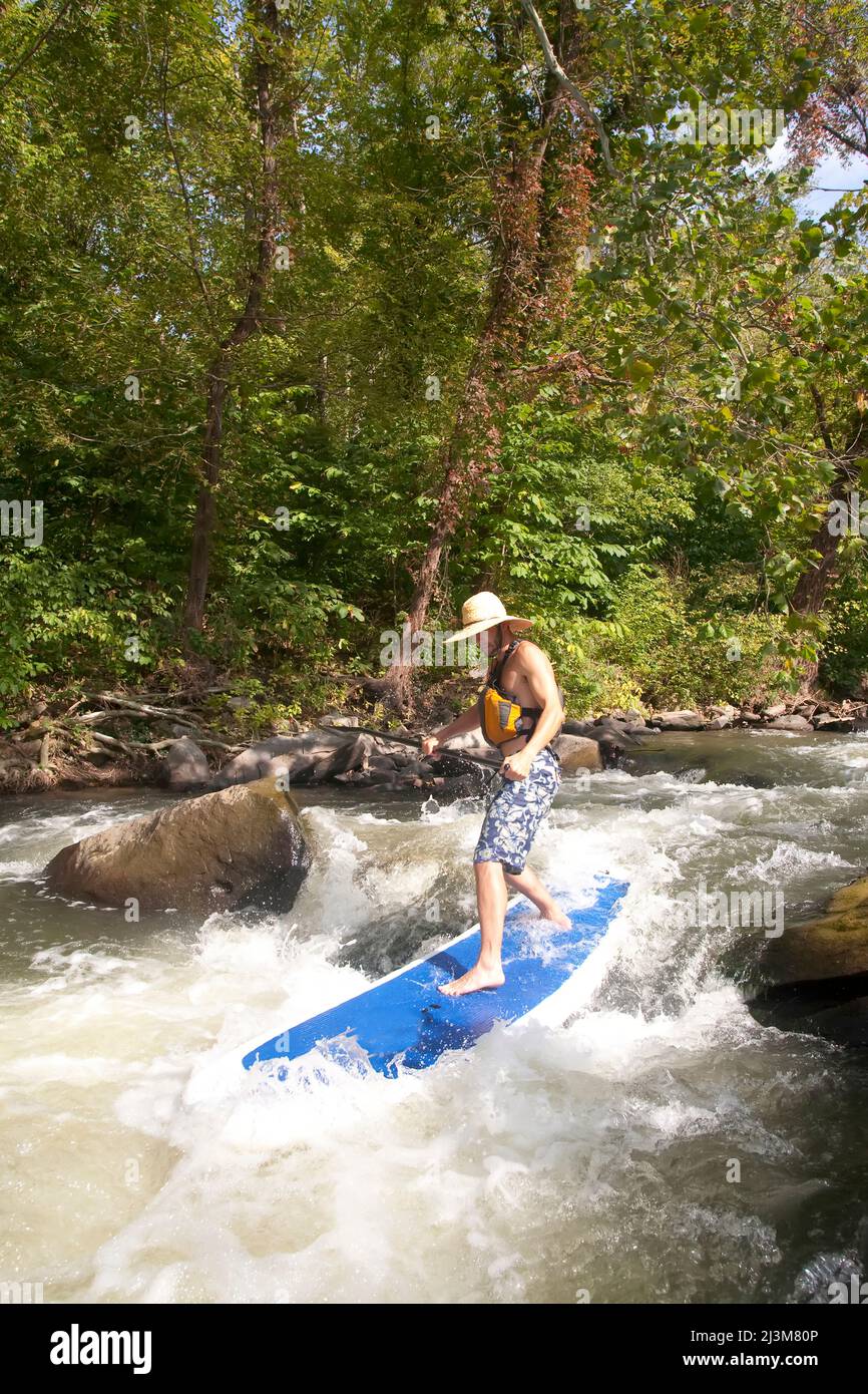 A man on a stand up paddle board runs rapids in the Potomac River.; Bethesda, Maryland Stock