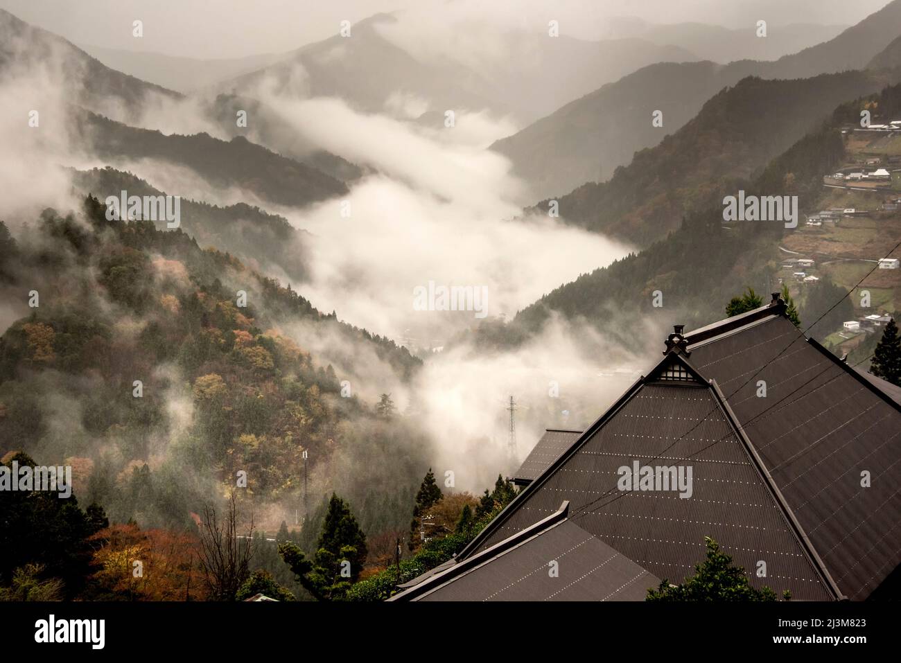 Fog over Japan’s Iya Valley on the island of Shikoku. The Iya Valley is a remote, mountainous valley in western Tokushima Prefecture. Located deep ... Stock Photo