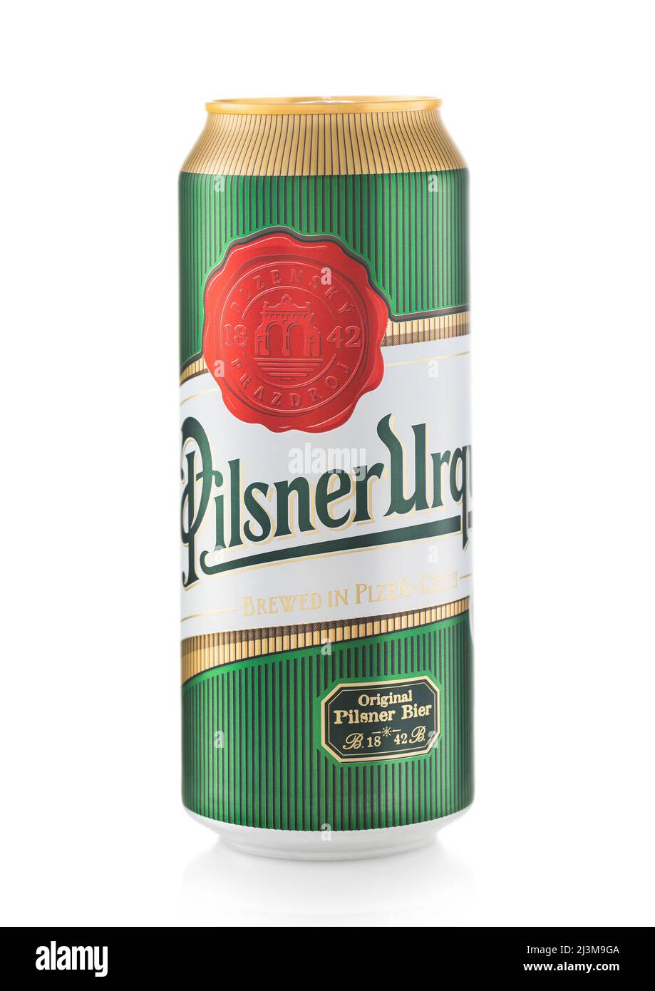 LONDON,UK - FEBRUARY 02,2022: Pilsner-Urquell Czech lager beer in aluminium can on white. Stock Photo