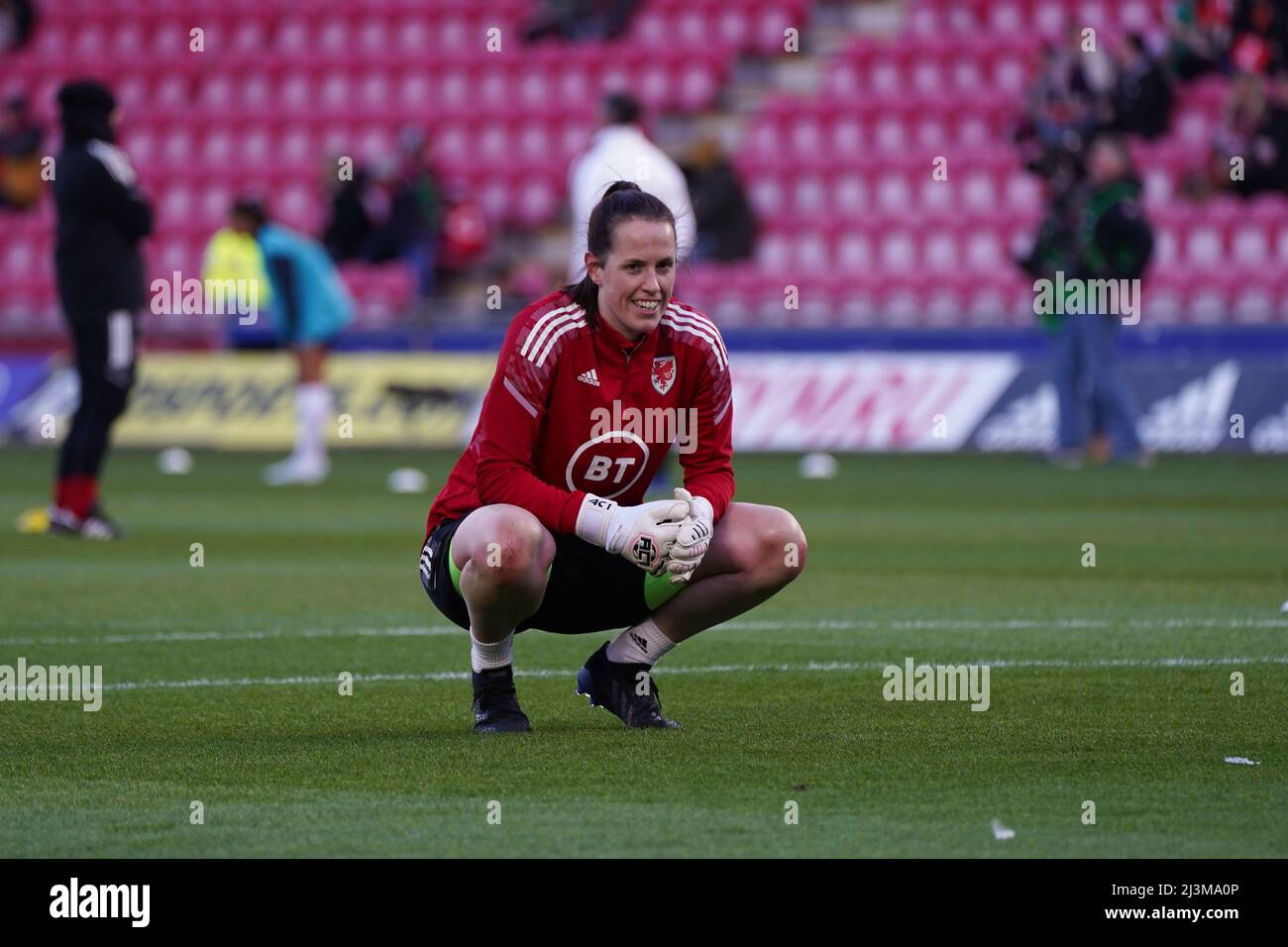 Llanelli, Wales.  8 Apr 2022, Wales Goalkeeper Laura O'Sullivan warming up before taking to the field for her 50th cap. Credit: Penallta Photographics/Alamy Live News Stock Photo
