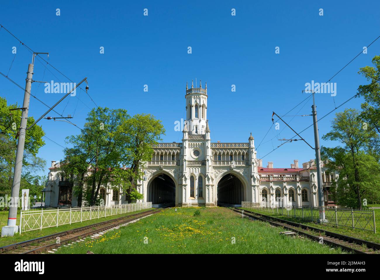 View of the old building of the New Peterhof railway station on a sunny May day. Petrodvorets, Russia Stock Photo