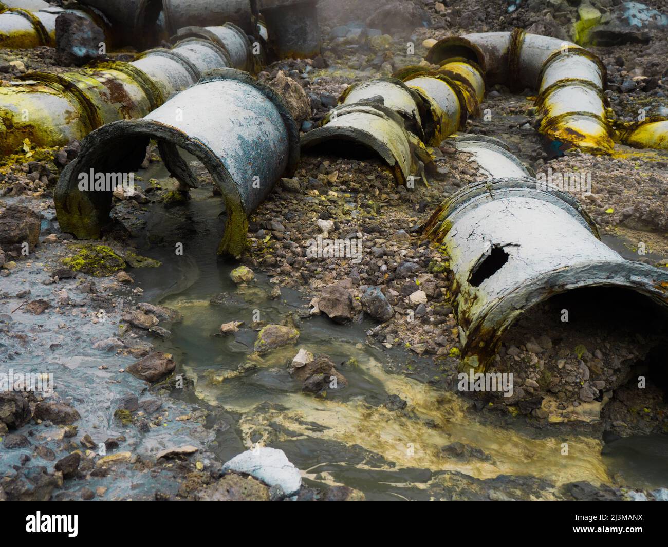 Barrels in abandoned sulfur mining area, northern Taiwan Stock Photo