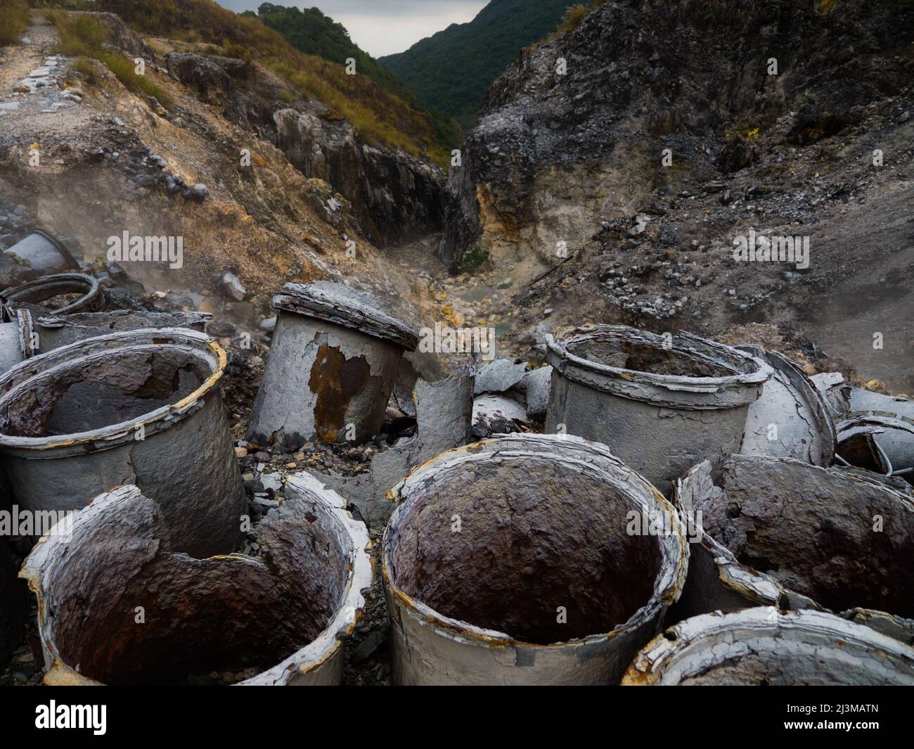 Barrels in abandoned sulfur mining area, northern Taiwan Stock Photo