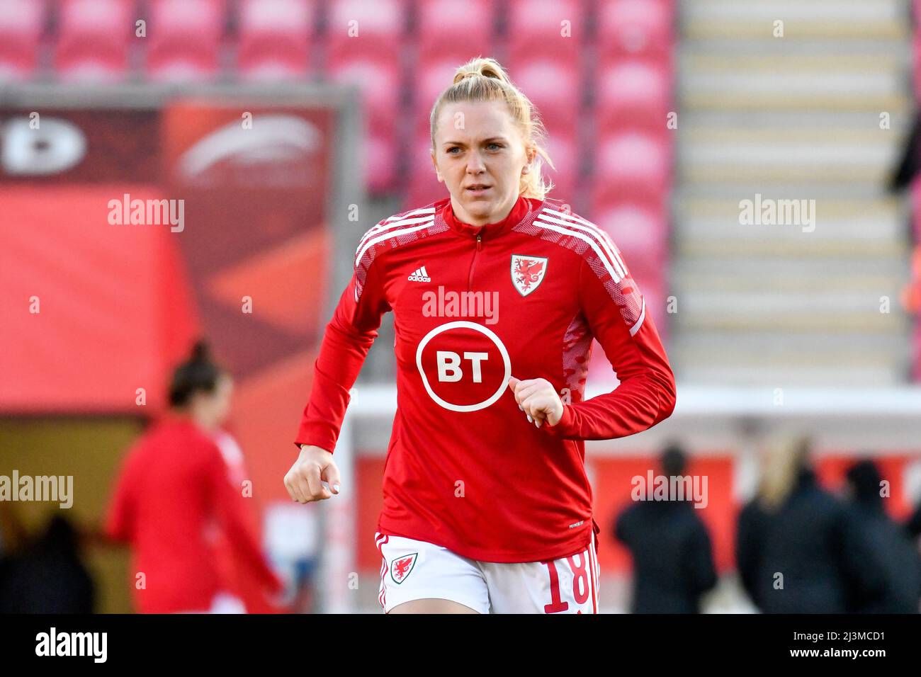 Llanelli, Wales. 8 April 2022. Ceri Holland of Wales Women during the pre-match warm-up before the FIFA Women's World Cup Qualifier Group I match between Wales Women and France Women at Parc y Scarlets in Llanelli, Wales, UK on 8 April 2022. Credit: Duncan Thomas/Majestic Media. Stock Photo