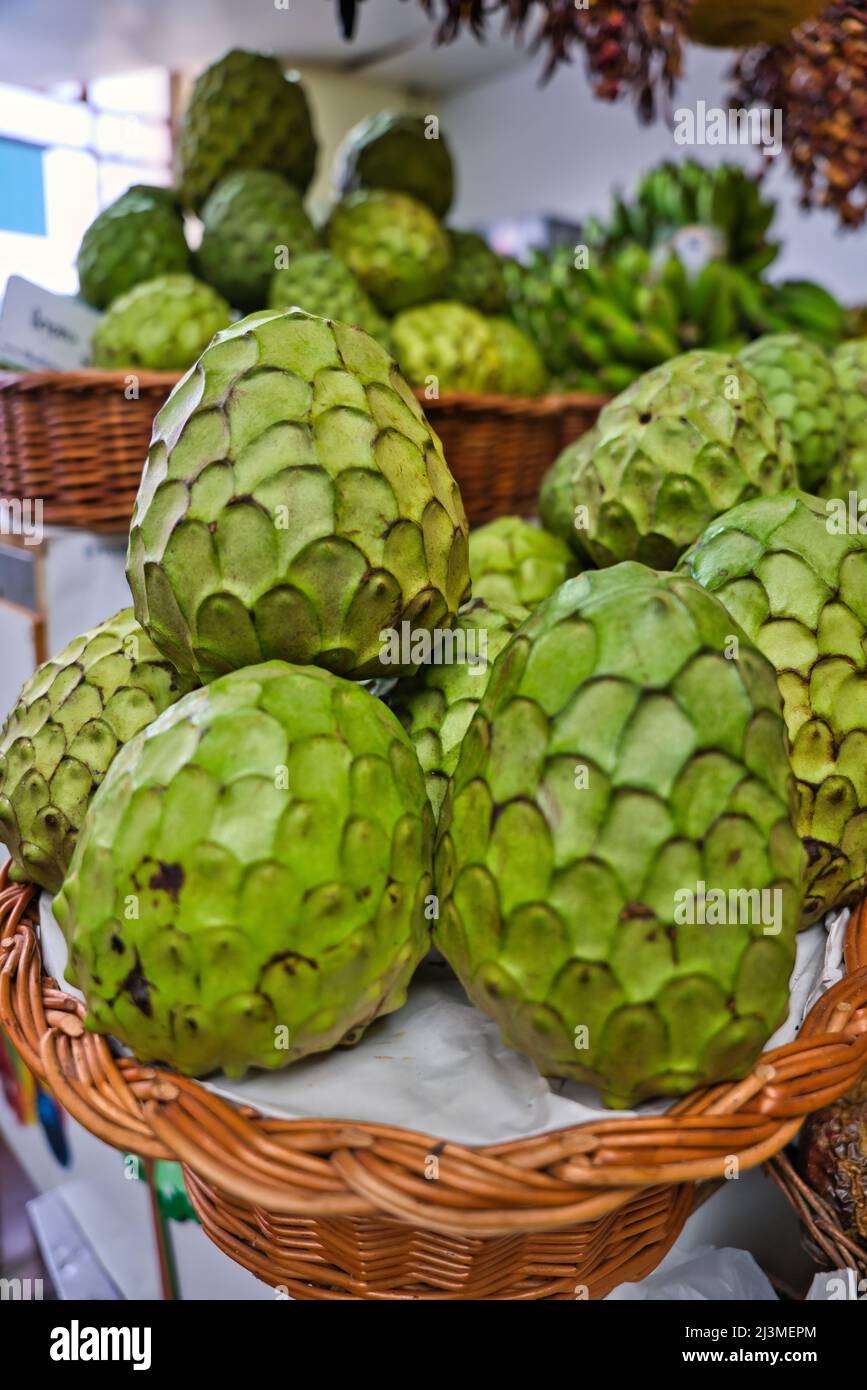 Macro shot of Cherimoya fruits in a wicker basket. The cherimoya is scientifically named Annona Cherimola on the market in Funchal, Madeira, Portugal Stock Photo