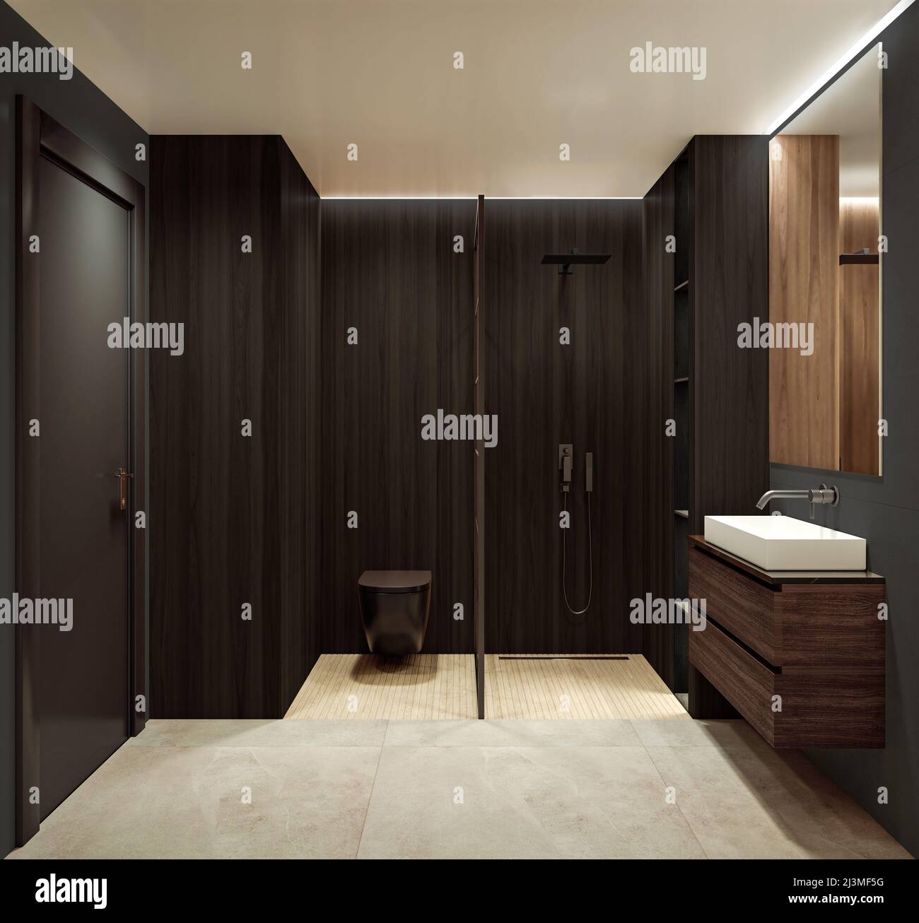 Modern interior design of bathroom shower, walnut wooden walls with rectangular mirror and vanity, minimalist and clean concept, 3d rendering Stock Photo