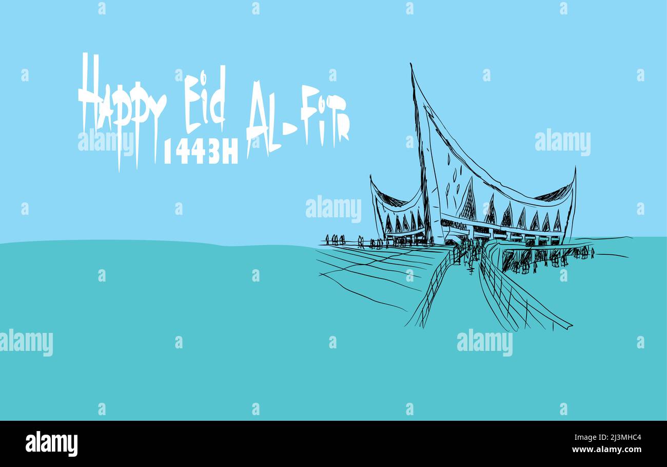 Eid al-Fitr Islamic holiday greeting card, mosque sketch illustration Stock Vector
