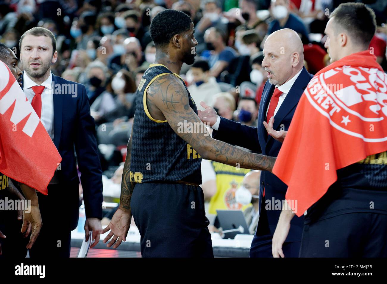 Monaco. 08th Apr, 2022. Coach Sasa Obradovic and Dwyane Bacon of AS Monaco  Basket during the Turkish Airlines Euroleague basketball match between AS Monaco  Basket and Alba Berlin on April 8, 2022