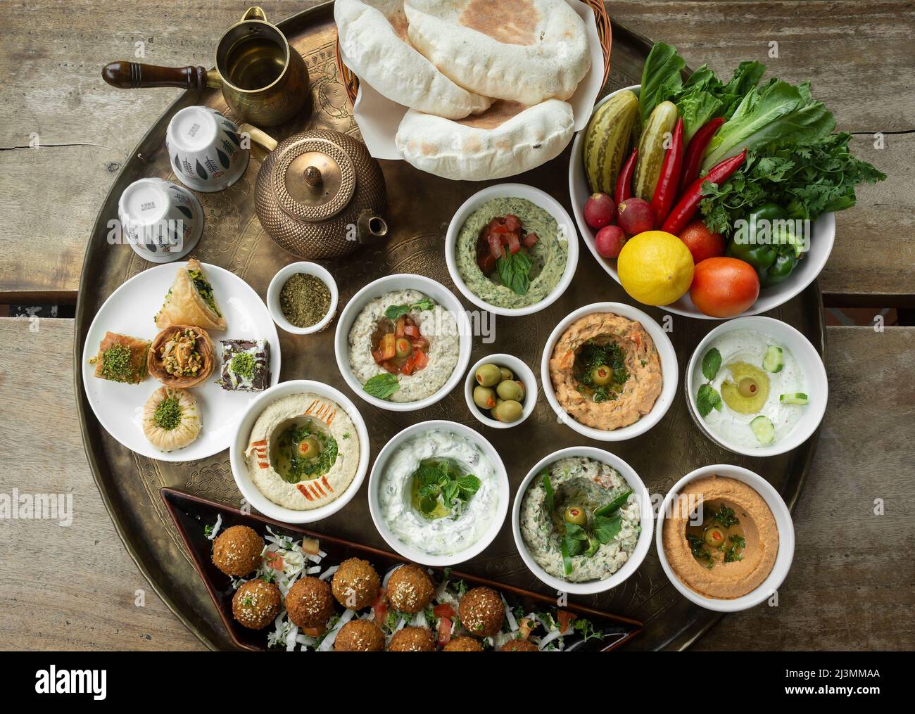 mixed middle eastern meze vegetarian food sharing platter in istanbul turkish restaurant Stock Photo