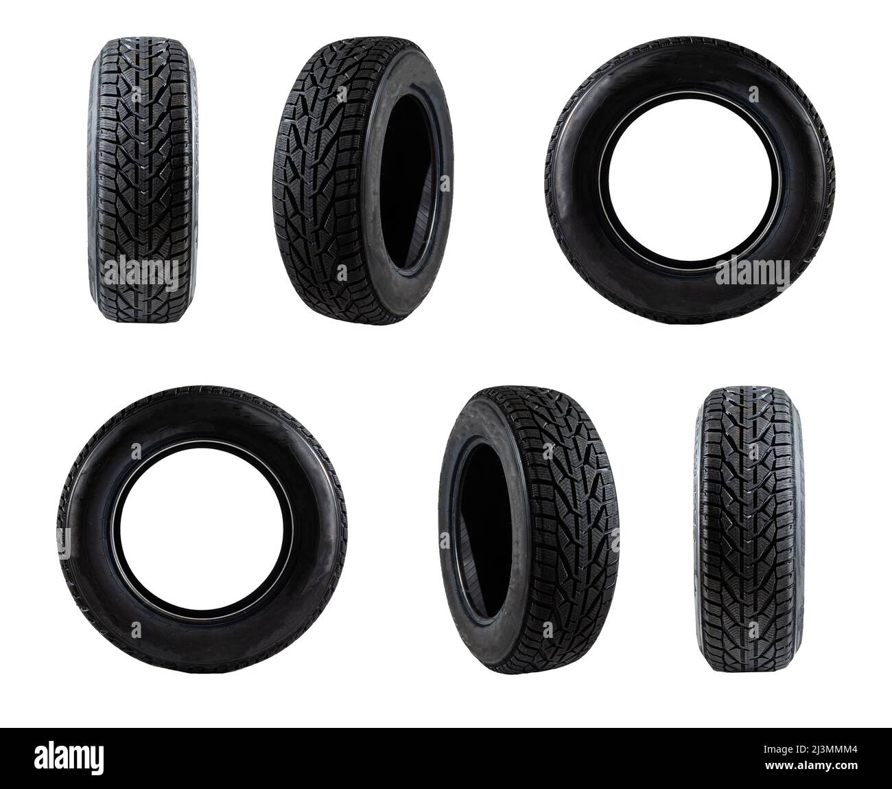 set of black car tires lined up horizontally on white background Stock