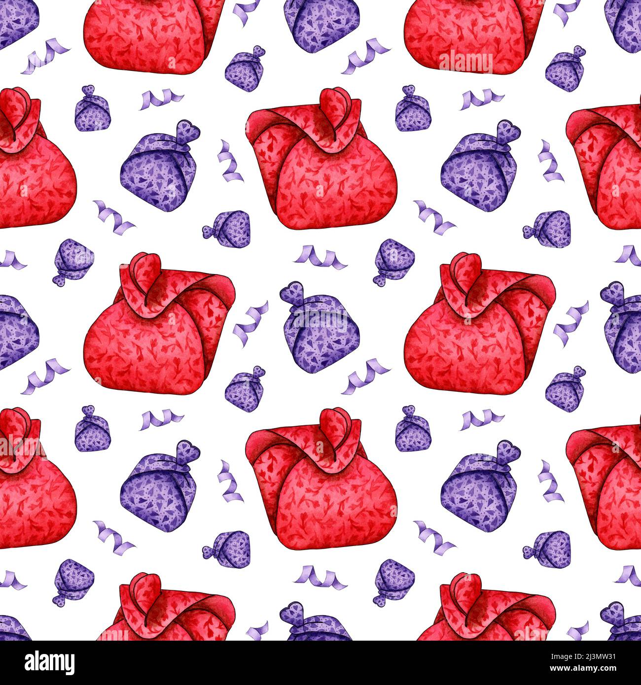 Watercolor illustration of a pattern of purple and red cardboard boxes ...