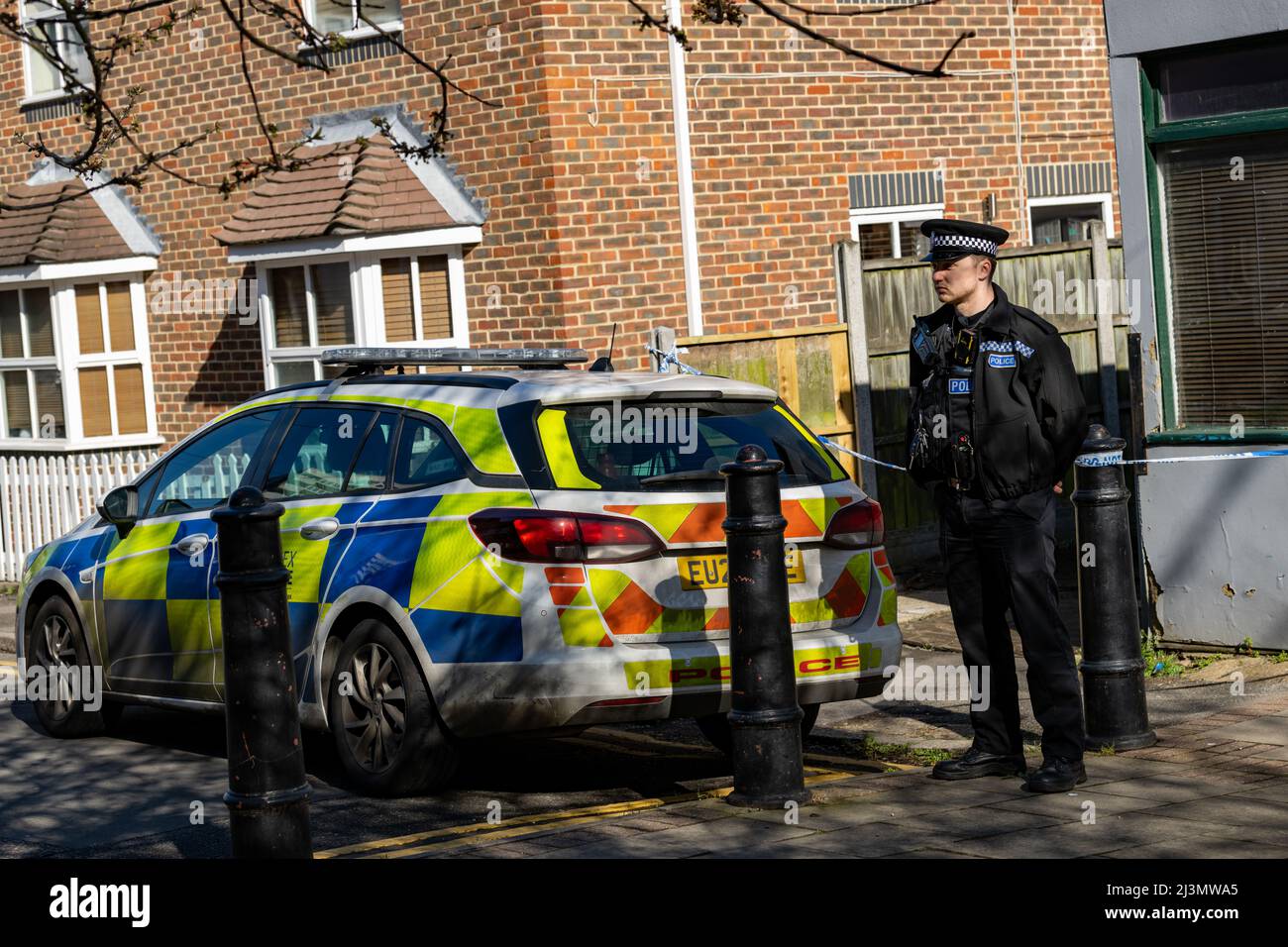 Brentwood, UK. 09th Apr, 2022. Brentwood Essex 9th Apl. 2022 Police remain guarding the scene of a murder in Brentwood. Essex police have today announced that Jevegenijs Lapkovskis, 36, of Warley Hill, in Brentwood, has been charged with murder and is due to appear in Chelmsford Magistrates' Court this morning. He has been charged with the murder of Lee Murrell, 29. on Tuesday. Credit: Ian Davidson/Alamy Live News Stock Photo