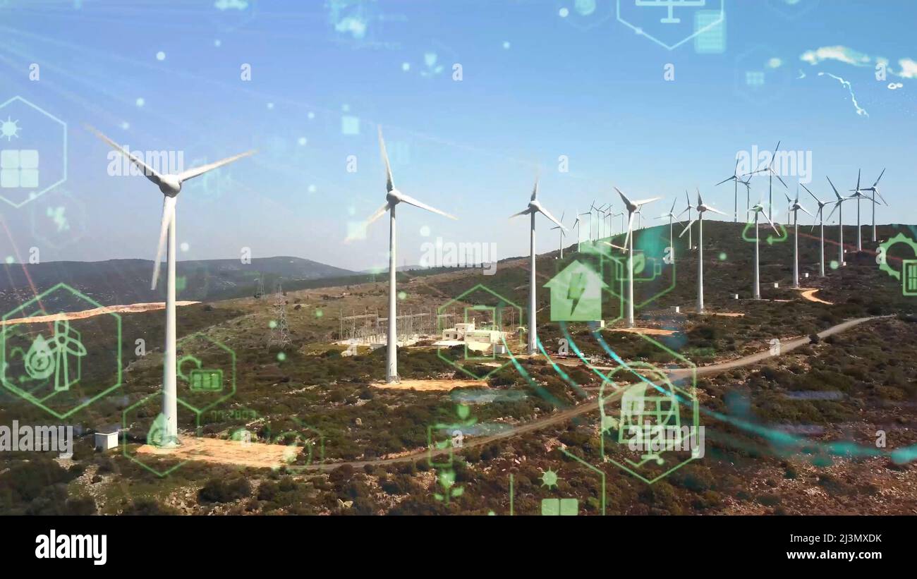 Wind power plant and technology. Smart grid. Renewable energy. Sustainable resources. Stock Photo